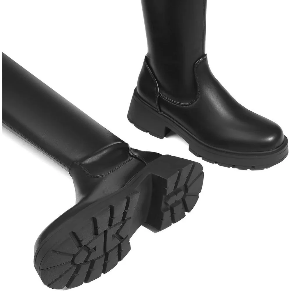 Womens Black-lace Up Polyurethane (PU) Rounded Toe Chunky Heel Thigh High Boots